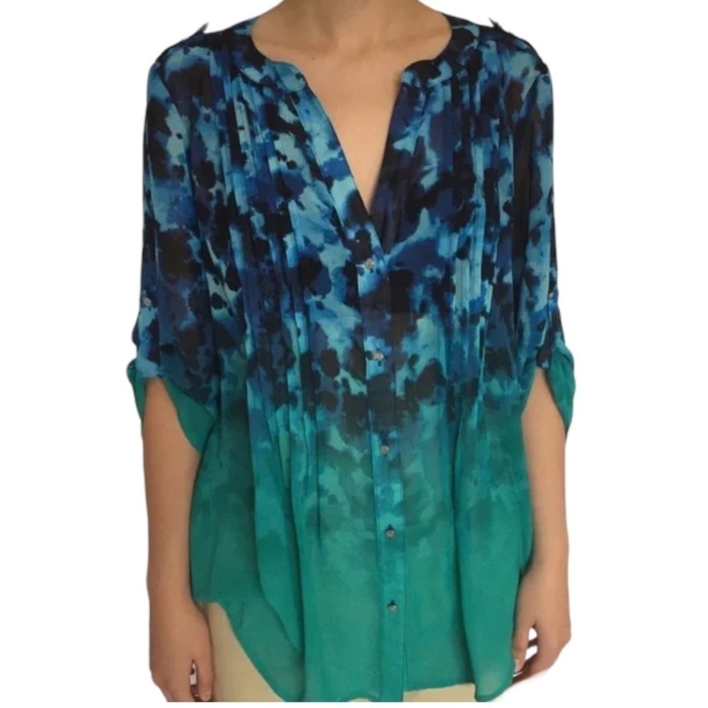 Chaus New York Women’s Sheer Blue/Green Button Down Shirt Size S